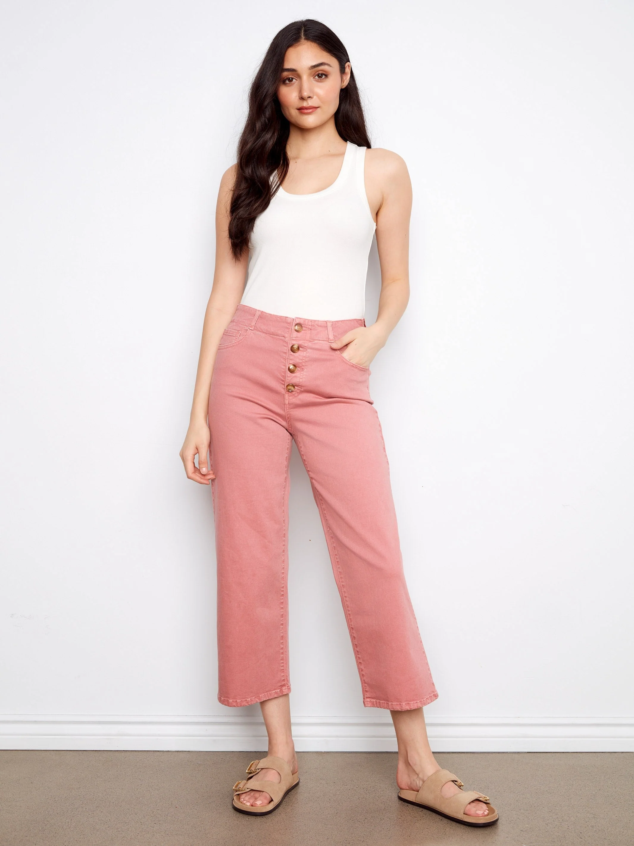 Front Button-Fly Crop Twill Pants - Rose Pink