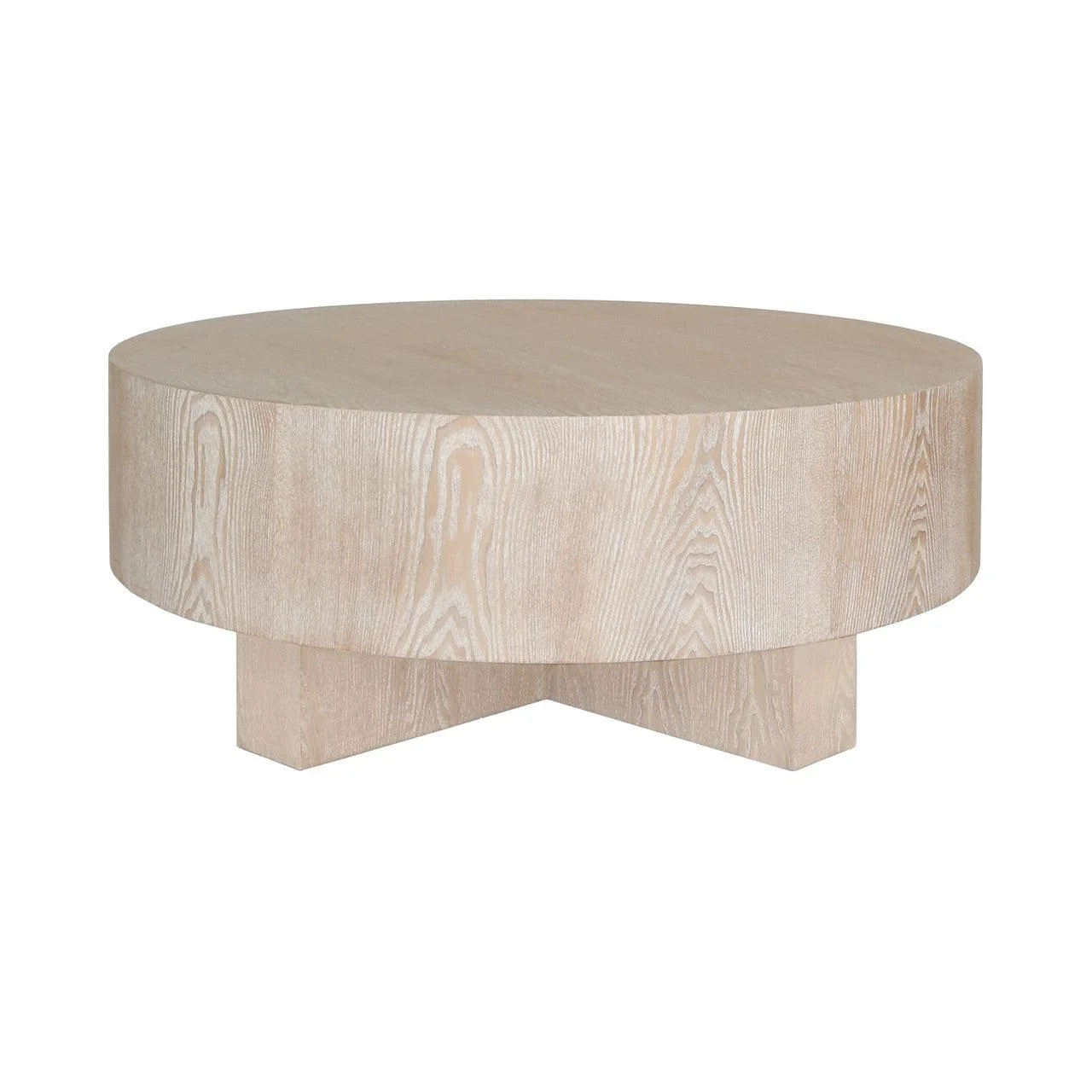 Scandinavian Cerused Oak Coffee Table with Thick Round Top & Cross Base for Living Room