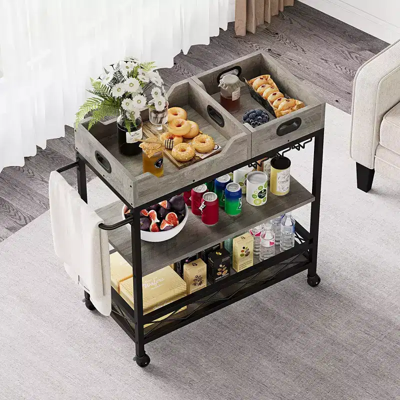 Metal 3-Tier Rolling Bar Cart with Removable Tray