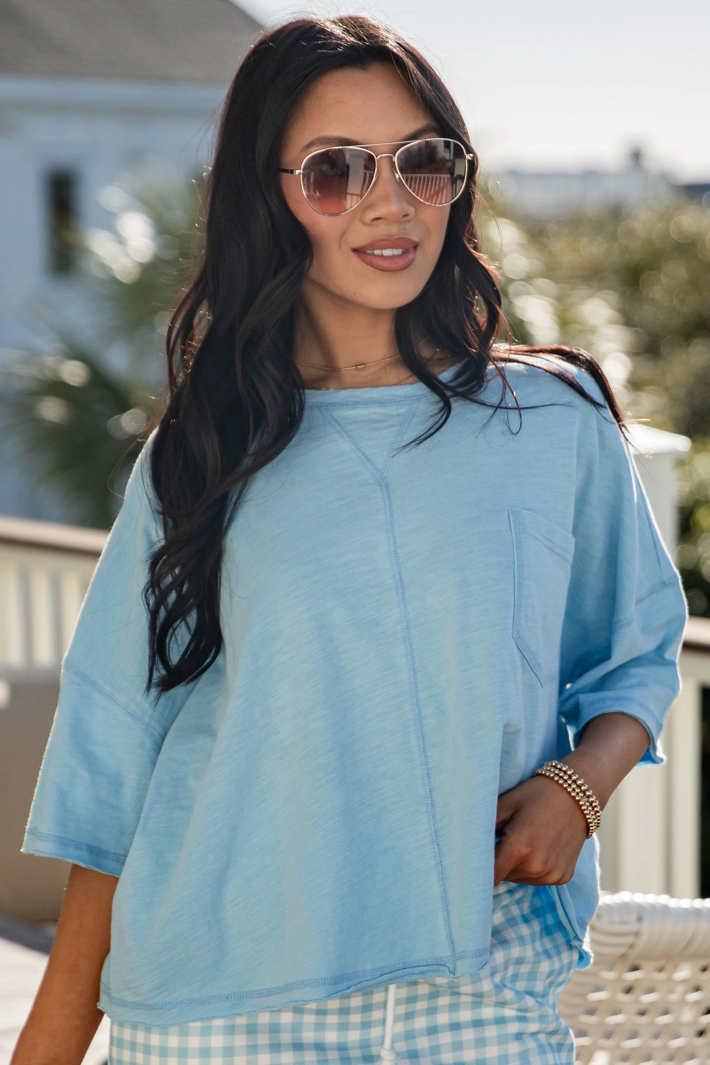Light Blue Oversized Crop Short Sleeve Cotton Top