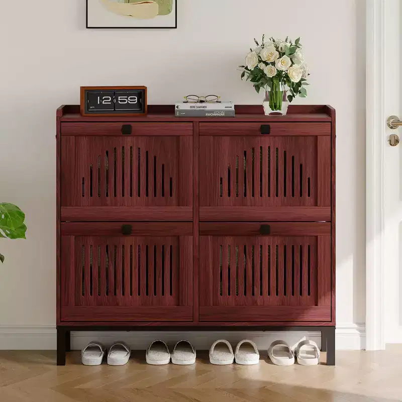 Shoe Storage Cabinet with 4 Flip Drawers, Hollow-Out Panel, Anti-Tipping, Adjustable Shelves for Entryway, Living Room, Bedroom