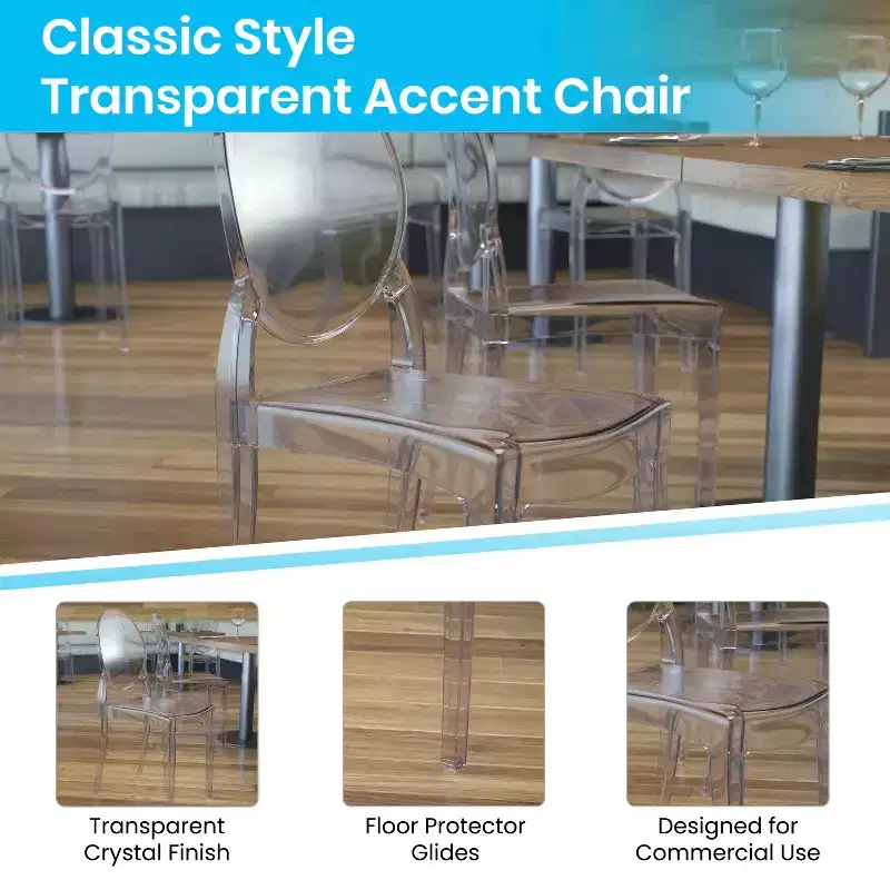 Flash Furniture Set of 4 Transparent Crystal Extra Wide Resin 400 LB. Weight Capacity Banquet & Event Ghost Chairs-Indoor/Outdoor Use