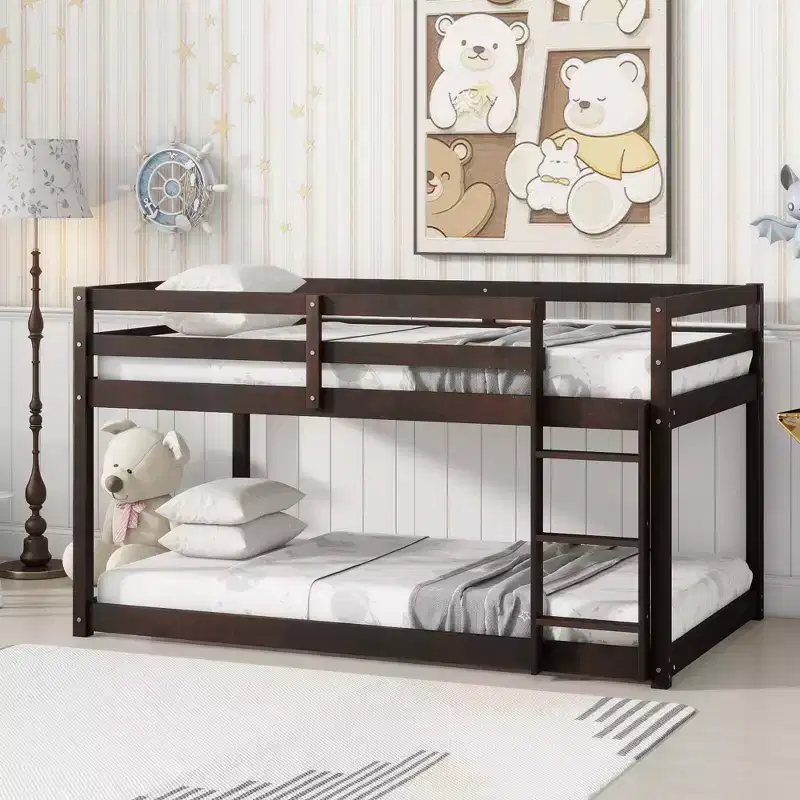 Bellemave Twin over Twin Low-Height Floor Bunk Bed for Kids, Solid Wood Frame with Wide Ladder, Sturdy Slats, Space-Saving Design, Multiple Colors