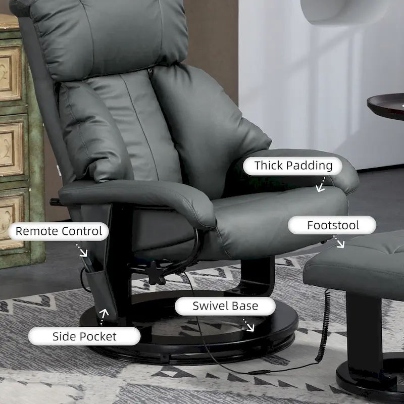 HOMCOM Massage Recliner Chair with Ottoman, 360 Swivel Recliner and Footstool, PU Leather Reclining Chair, Gray