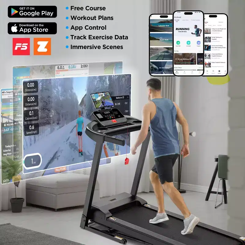 3.0HP Folding Treadmill, 3% Incline, Bluetooth App Sync, Step Counter, Wide Belt, Heart Rate Monitor