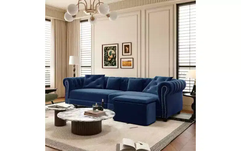 MAYEERTY 89 Velvet 3 Seat Sofa with Movable Ottoman, 3-in-1 Pull Out Sofa Bed, King Size Sofa Bed Blue