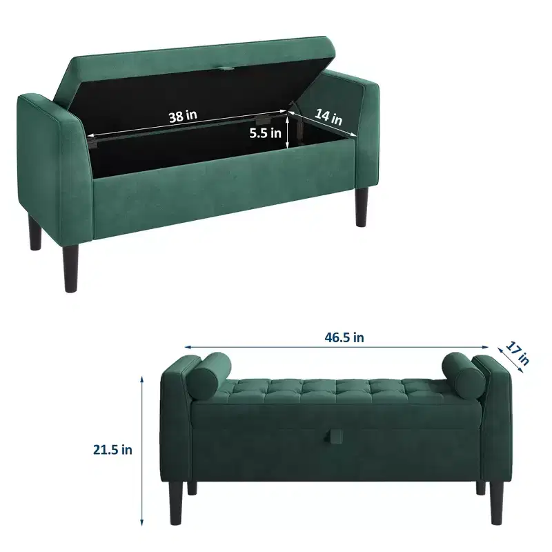 46.5 Storage Ottoman Bench, Upholstered End-of-Bed Storage Chest with Rolled Armrests & Wood Legs, Entryway Shoe Bench and Footrest Seat for Hallway