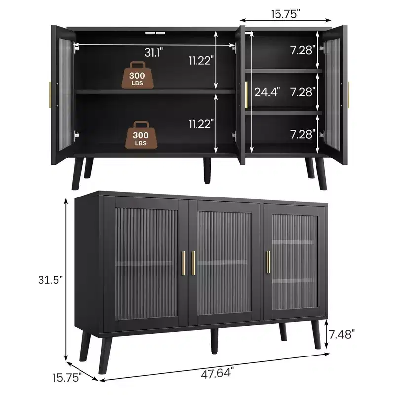 Sideboard Buffet Cabinet, 47.6 Black Buffet Cabinet, Modern Sideboard Kitchen Cabinet with Glass Door and Removable Shelves