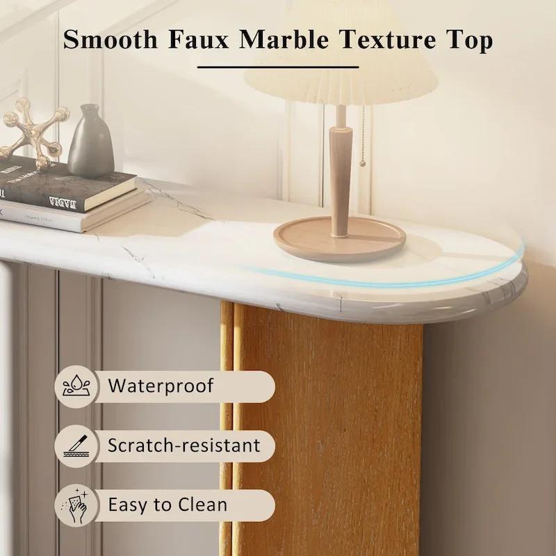 Oval Faux Marble Top Console Table Entryway Table, Narrow Sofa Table Hallway Accent Table with Triangular Base