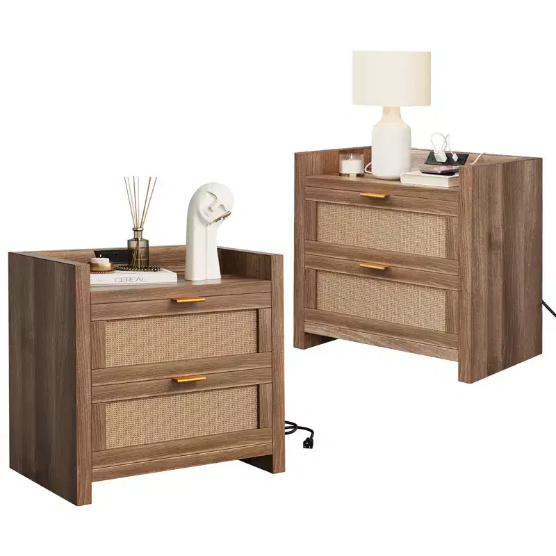 GustoWave Night Stand Set of 2, Rattan Nightstands with Charging Station, Boho Bed Side Tables with 2 Drawers
