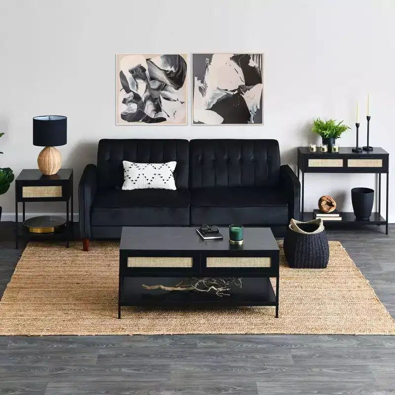 2-Tier Console Table with Drawer and Lower Shelf, Black, Rattan Detail