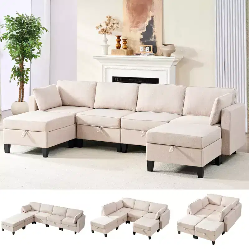 Flexible 4-Seater Modular Sofa with Ottomans, Linen Convertible Sleeper Sofa Bed with Storage Space