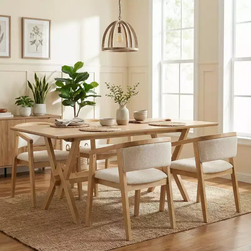 Christopher Knight Home Simon 5 Piece Mid-Century Modern Rubberwood Dining Set with Boucle Upholstered Chairs