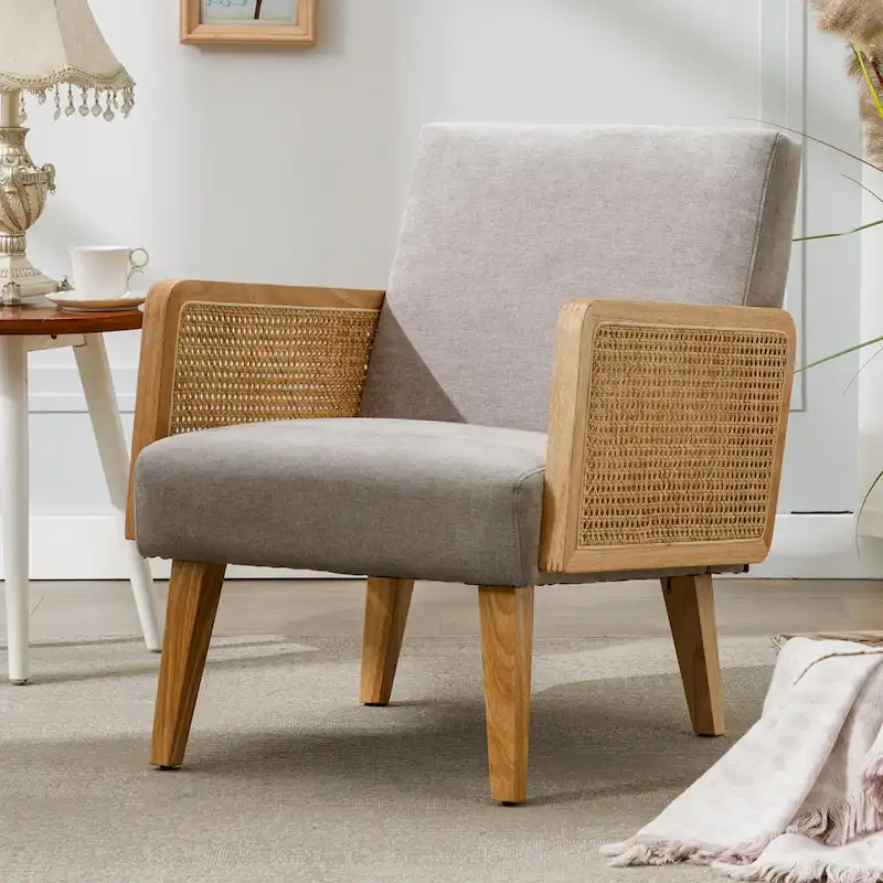 Rattan Armrest Fabric Upholstered Accent Chair