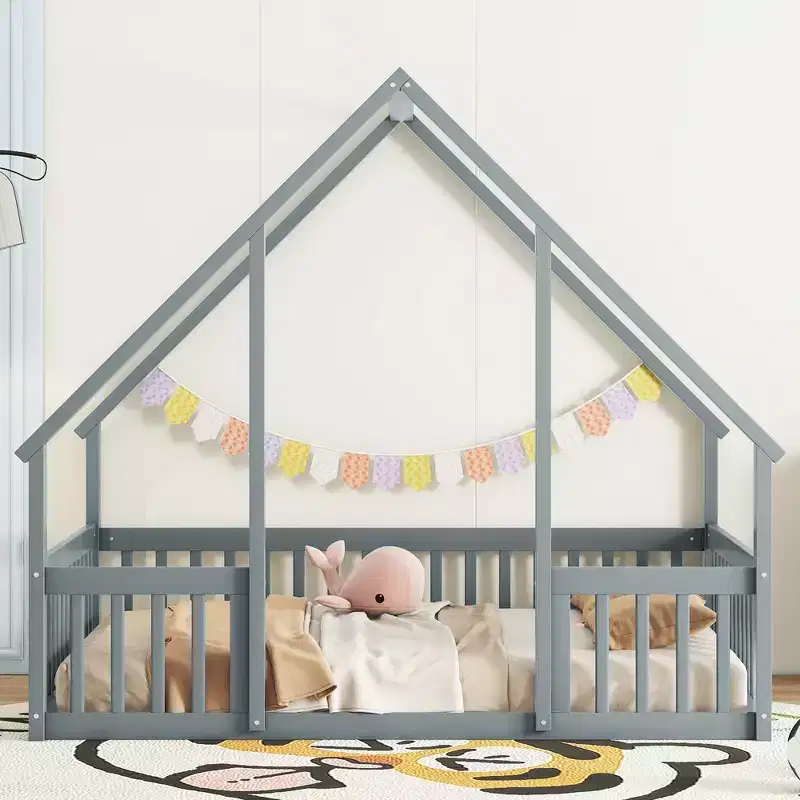 Twin Wood House-shaped Floor Bed with Fence and Guardrails - Gray