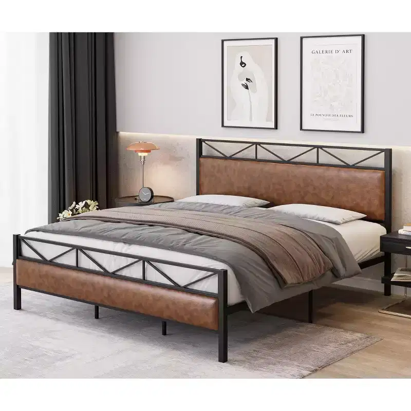 Bed Frame with Headboard, Industrial Platform Upholstered King Bed Frame with 14 Strong Metal Slats Support, 11'' Under-Bed Storage, Brown