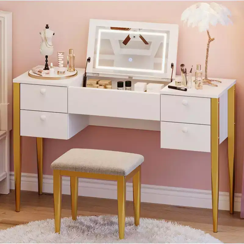 47 Makeup Vanity Desk with Flip Top Mirror, 3 Lighting Mode, 3 in 1 Vanity Table with 5 Drawers, Make Up Vanity Set with Chair for Bedroom