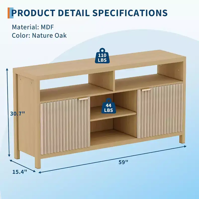 59 Modern TV Stand for Living Room, Large Entertainment Center with Fluted Door & Open Shelves, Wood Media Console Storage Cabinet for 65 Inch TV