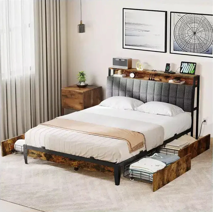 Queen Size Platform Bed Frame with Storage Drawers and Upholstered Headboard