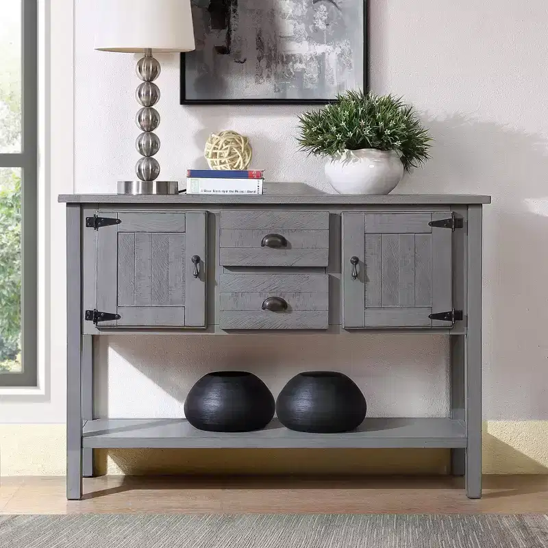 48 Inch Farmhouse Console Table, Farmhouse Entry Table with 2 Drawers and Cabinets, Solid Wood Sofa Table with Shelves for Bedroom,Grey