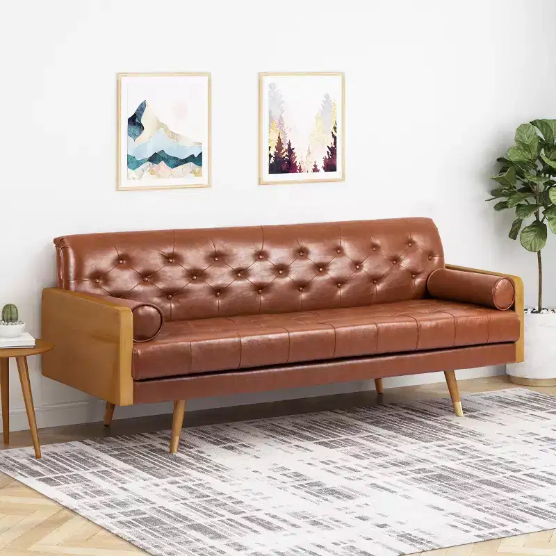 Christopher Knight Home Jalon Faux Leather Tufted 3 Seater Sofa with Bolster Pillows, Cognac Brown/Dark Walnut