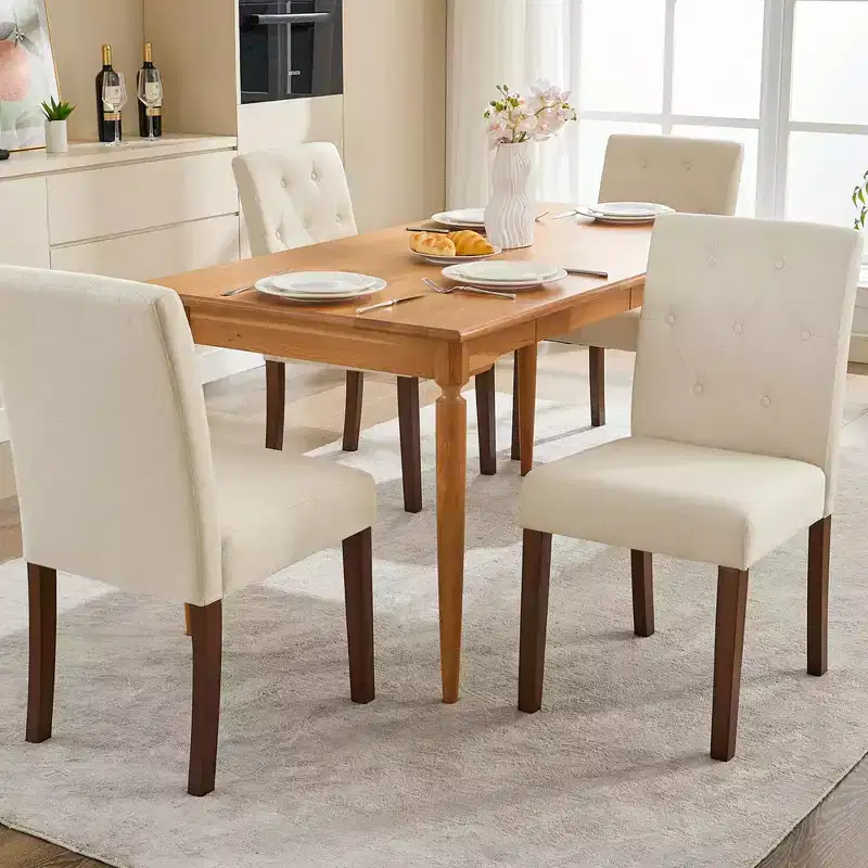 Upholstered Dining Chairs Set of 2, Button Tufted Kitchen Chair with Wood Legs, Modern Fabric Side Chair