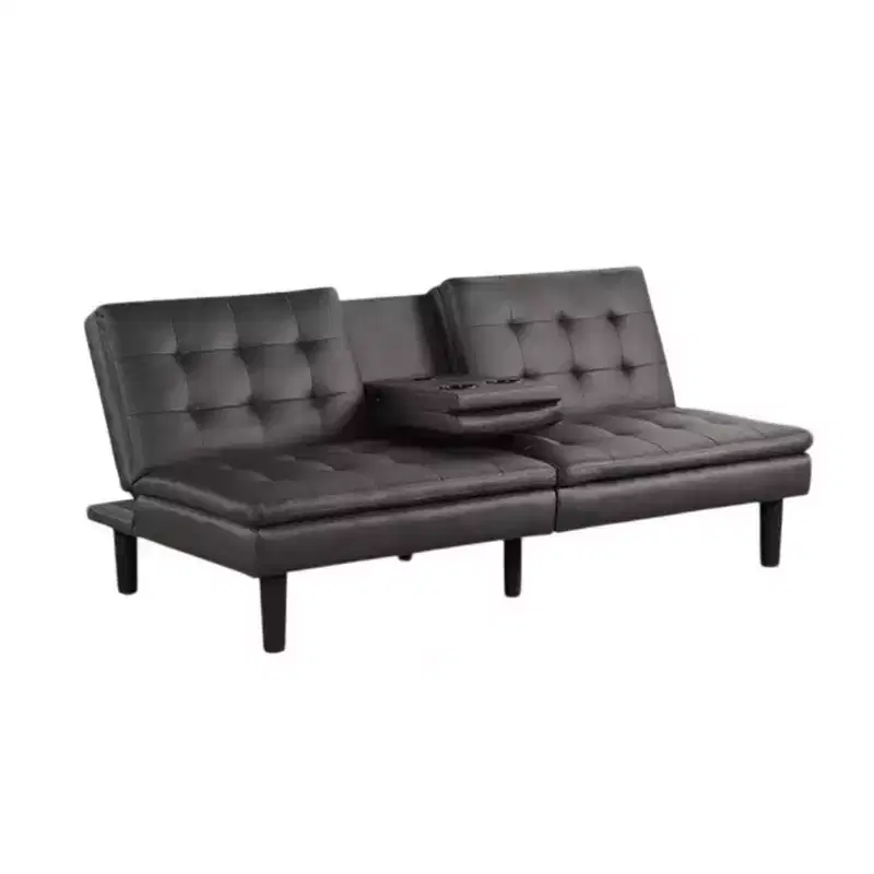 Royal Hampton Futon Sofa Bed, Drop-Down Tray and Cupholder, Gray Faux Leather