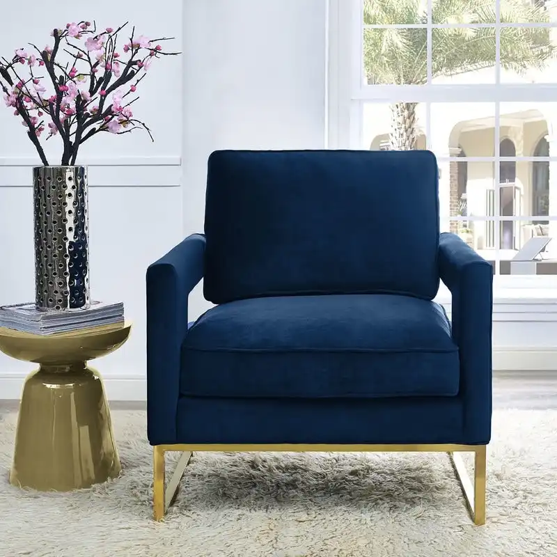 Avery Navy Velvet Accent Chair | Gold Legs & High-Density Foam