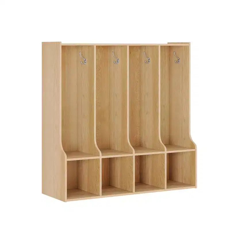 Kids Cubby Coat Organizer with 4 Sections and 8 Hooks, White Entryway Storage Locker with Cubbies for Classroom, Nursery, Playroom