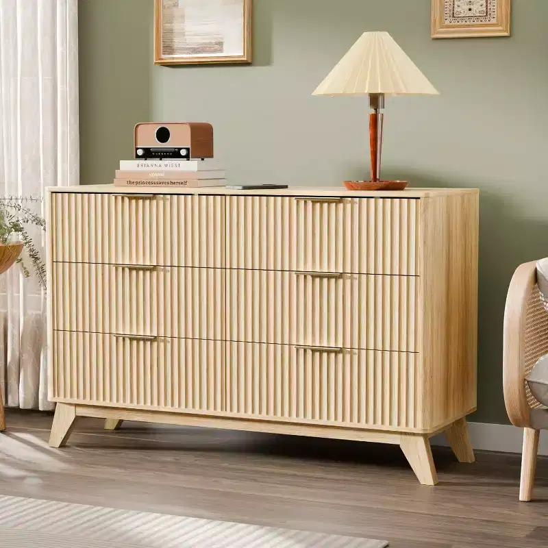 Fluted Dresser 6 Drawer, Wood Dresser for Bedroom with Rounded Edges
