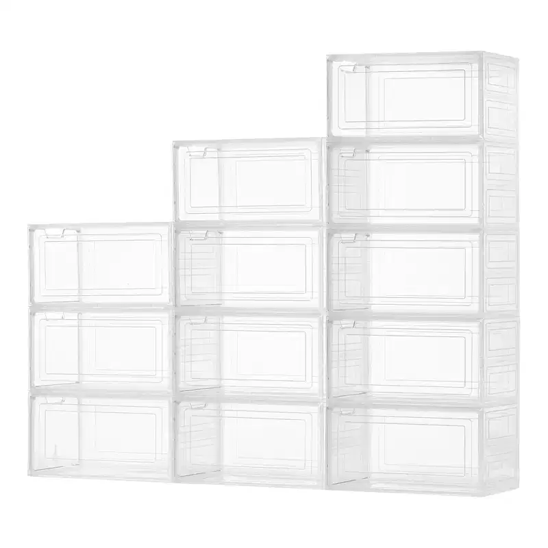 Shoe Storage Boxes, 12 Pack Clear Stackable Shoe Boxes Storage Organizers with Magnetic Door, Fit up to US Size 13, Transparent White