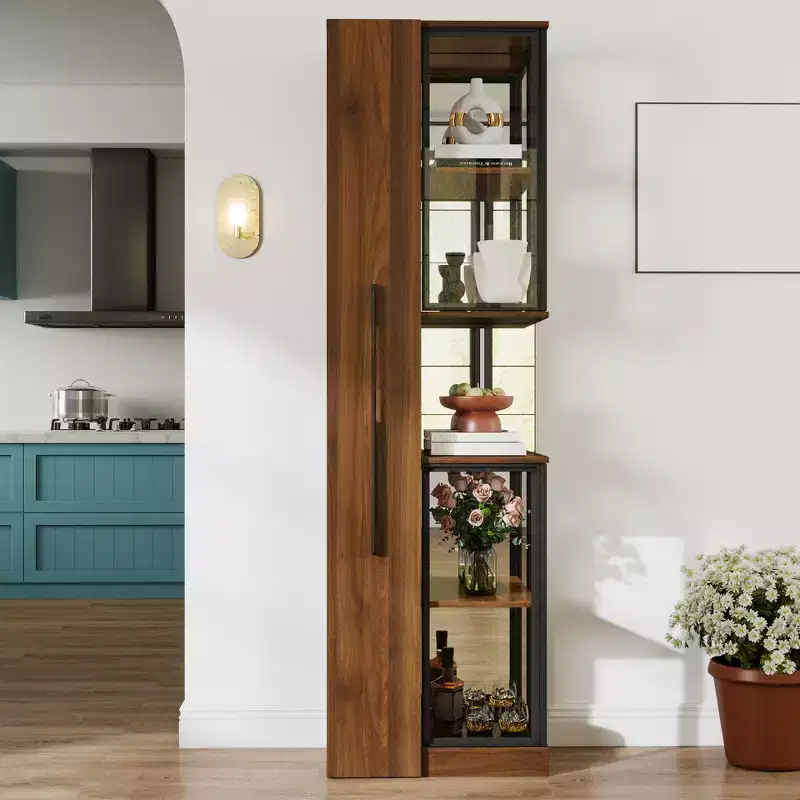 70 Tall Display Cabinet with Glass Door, 5 Tier Wood Freestanding Curio Cabinet, Display Bookshelf for Home Office