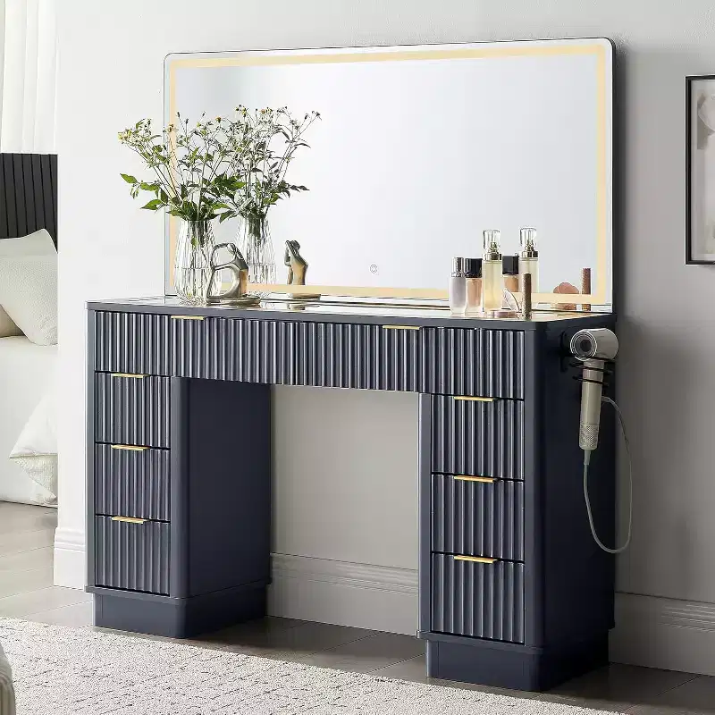 48 Fluted Makeup Vanity Desk with Mirror and Lights, Modern Vanity Table with 8 Drawers & Charging Station, Vanity Desk with Glass Top
