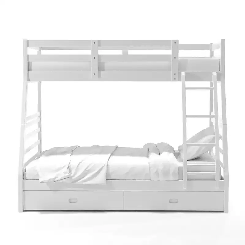 Twin Over Full Kids' Bunk Bed Wire Brushed White with Built-In Ladder & Guard Rails, Under Bed Storage