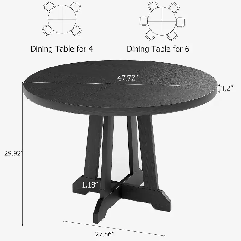 47in Round Dining Table for 4 to 6 People, Wooden Furniture, Circle Dinner Pedestal Table for Dining Room Kitchen Living Room, Space Saving