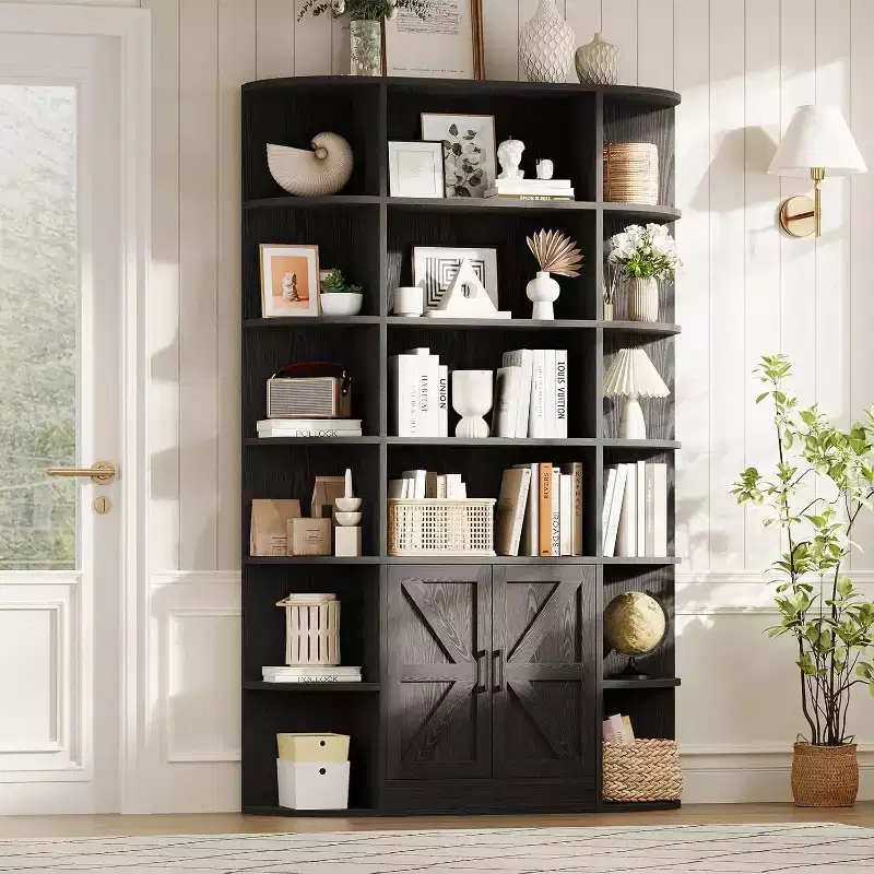 Modern 75 Bookshelf with Storage Cabinet, 6-Tier Wood Bookcase with Doors and Adjustable Shelves for Bedroom, Nursery, or Playroom