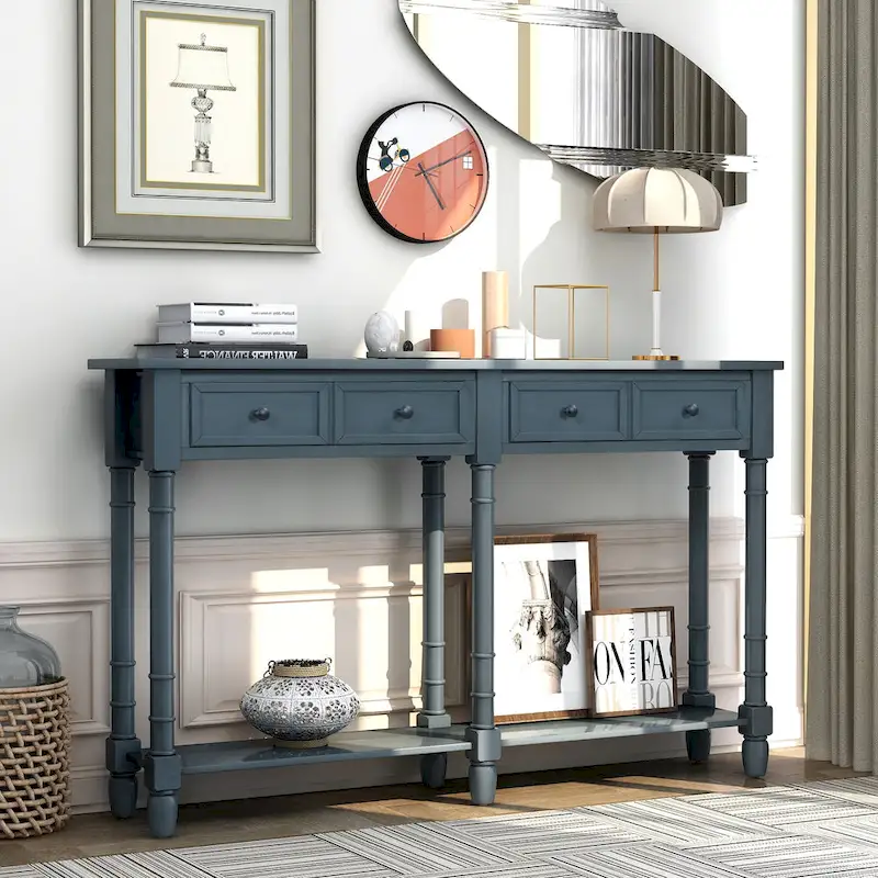 Solid Wood Console Table with Storage Drawers and Bottom Shelf