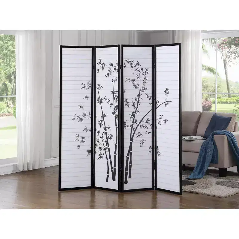 Bamboo Print 4-Panel Framed Room Divider, Black