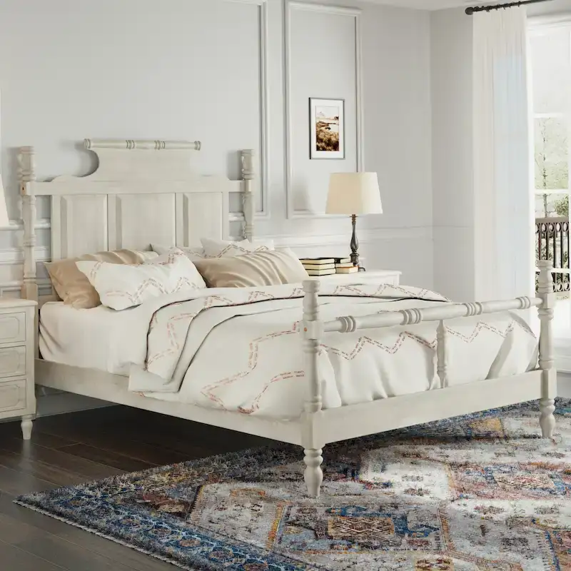 Vintage Country Style Wood Queen Size Four Poster Platform Bed with 56.9 High Crown-like Headboard, No Box Spring Needed