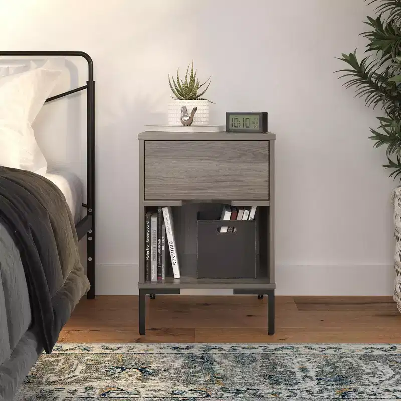 Rustic Weathered Oak Nightstand with Drawer & Open Shelf, MDF & Metal Legs, 17.7