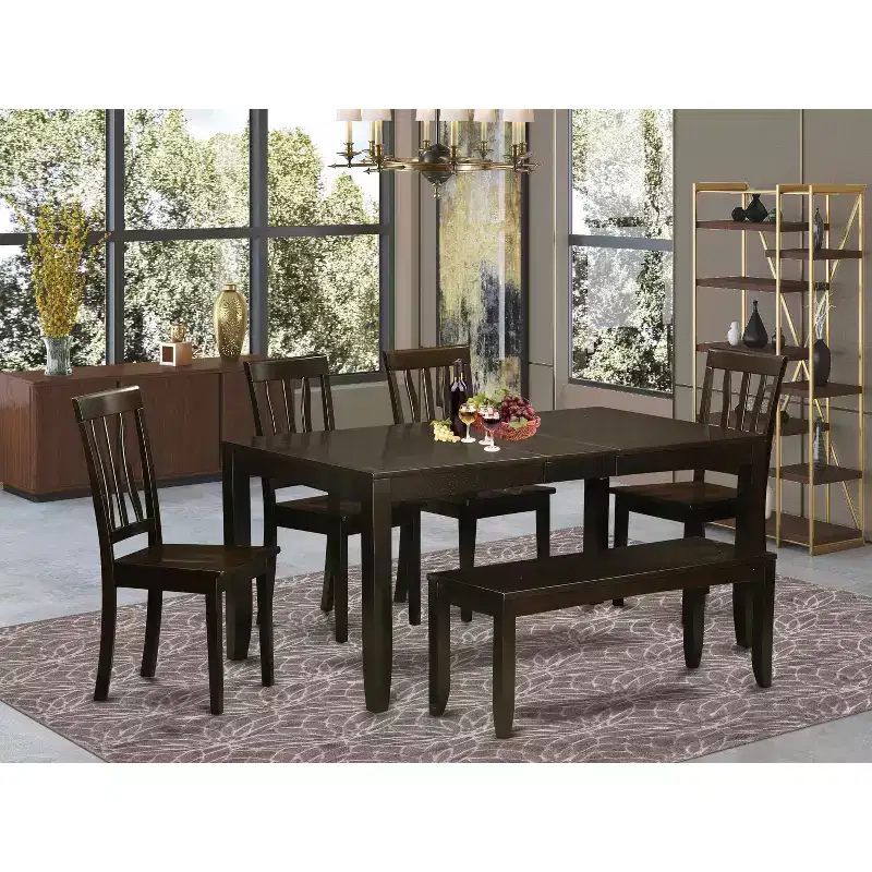 Dinette Set 6 Piece - Rectangular Table & 4 Chairs with Bench - Cappuccino Finish - 54/66 Table