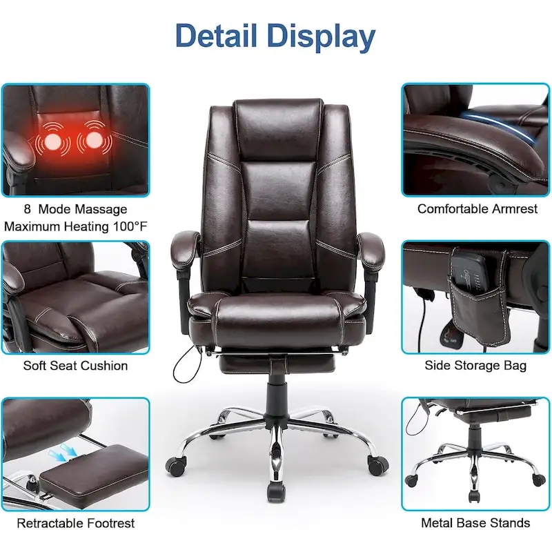 Ergonomic Heated Executive Office Chair, 2/4/6-Point Massage, Retractable Footrest, PU Leather