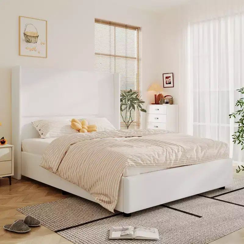 Queen Upholstered Platform Bed with 55.5 Wingback Headboard, Quiet Wooden Slat Support, No Box Spring Required