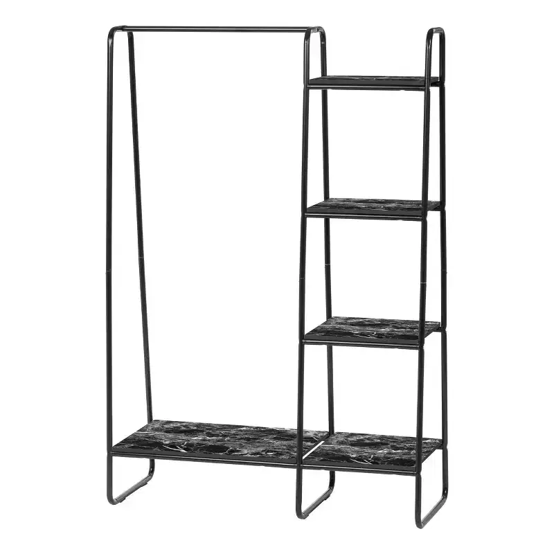 Metal Garment Rack with 5 Marble-Pattern Wood Shelves, 59.5