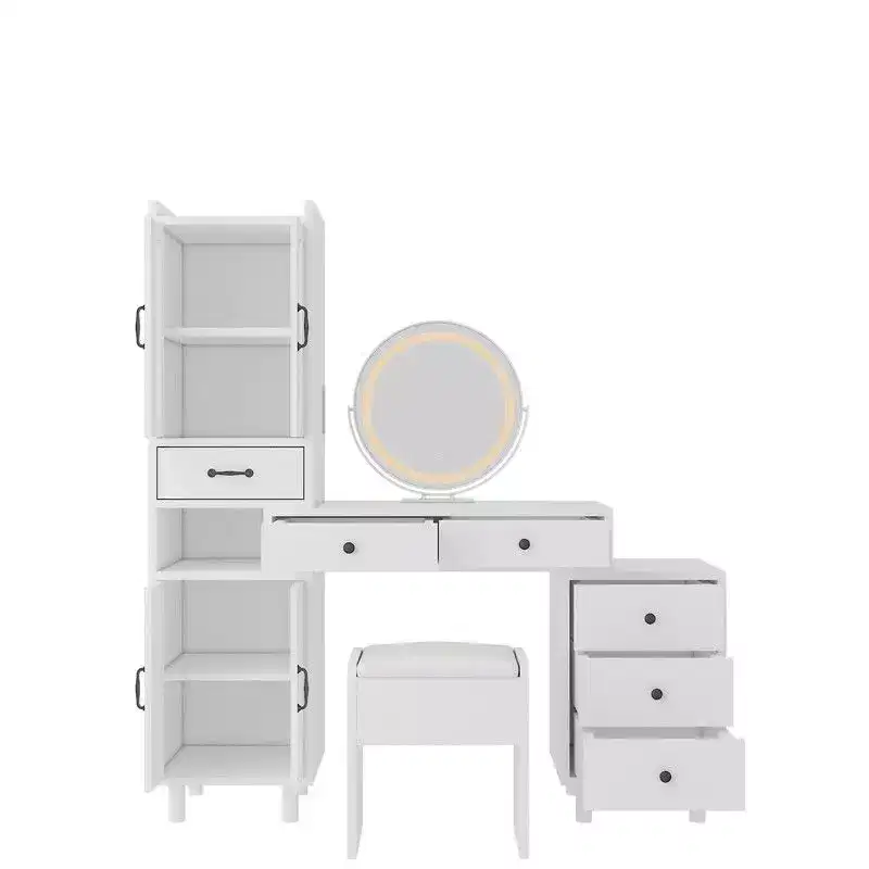 Combined storage cabinet dressing set with 4 doors and 6 drawers, featuring white linen particleboard paired with triamide