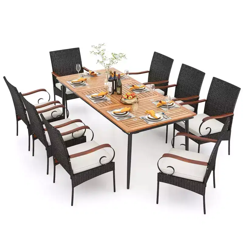 Costway 9 PCS Patio Dining Set with Acacia Wood Tabletop 1.9 Umbrella Hole Outdoor