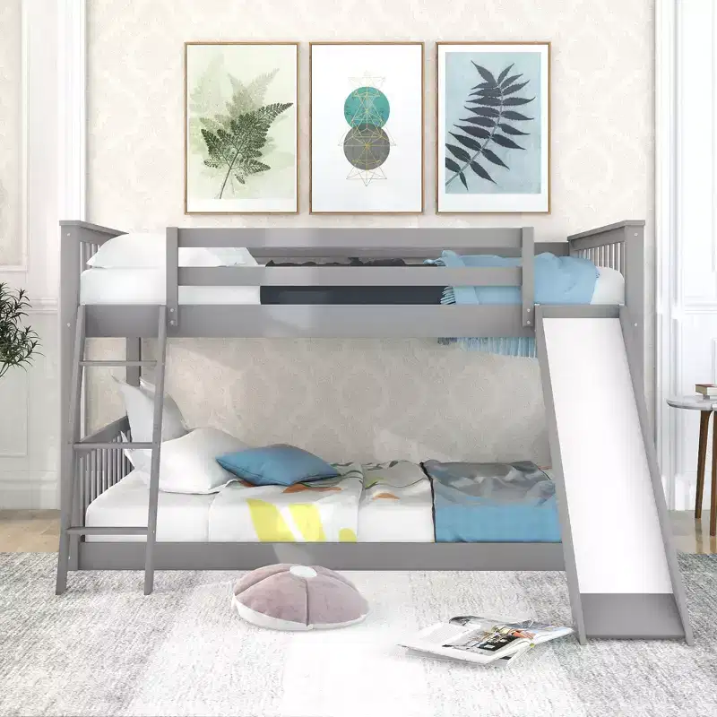 Okak 79.1IN Full-Over-Full Bunk Bed with Convertible Slide, Kids Bunk Beds with Guardrail and Ladder, Bed Frames for Kids Room, Play Room, Gray