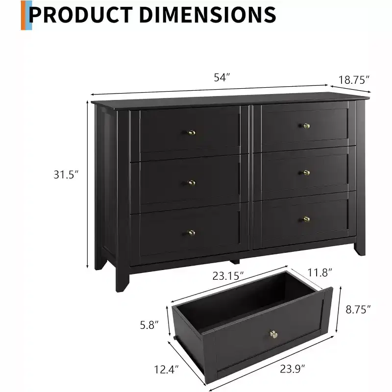 53.9 Farmhouse 6-Drawer Dresser, Tall Wood Storage Chest with Deep Drawers for Bedroom, Living Room and Hallway