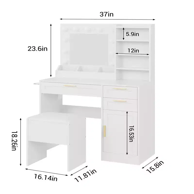 GustoWave Vanity Desk with Mirror and Lights, Makeup Vanity, Makeup Vanity Desk with Stool, 3 Color Adjustable Brightness,Power Outlets,Dressing Table