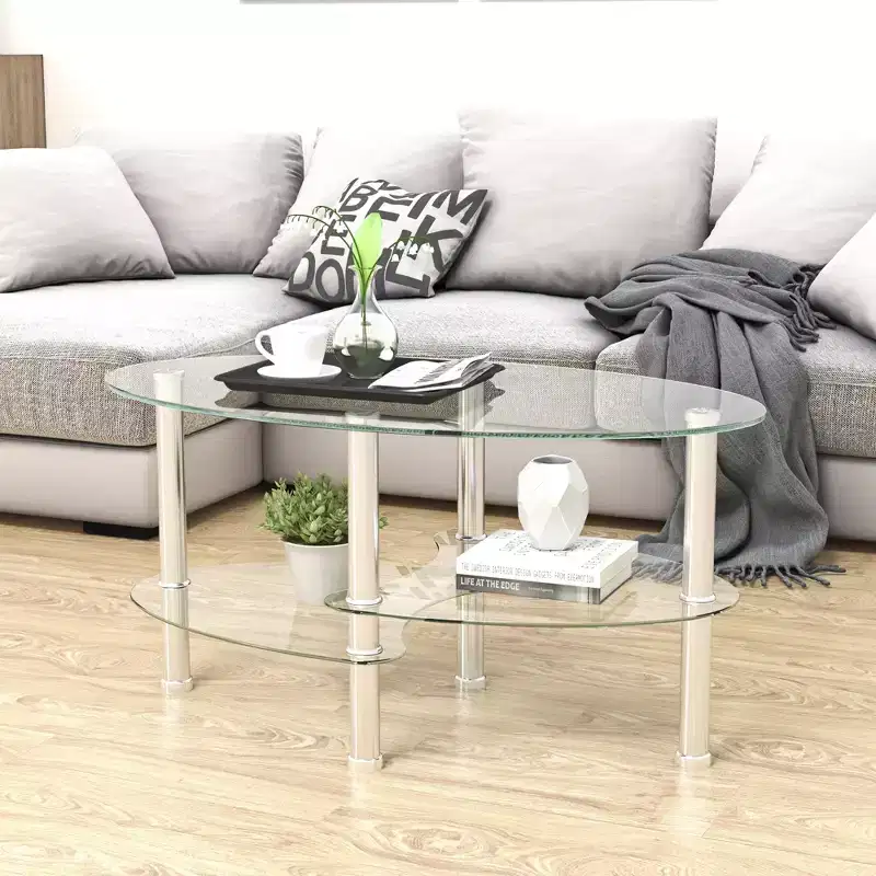 Glass Coffee Table Oval Coffee Table Modern Cocktail Table Center Table Accent Table with Transparent/Black Top-ModernLuxe